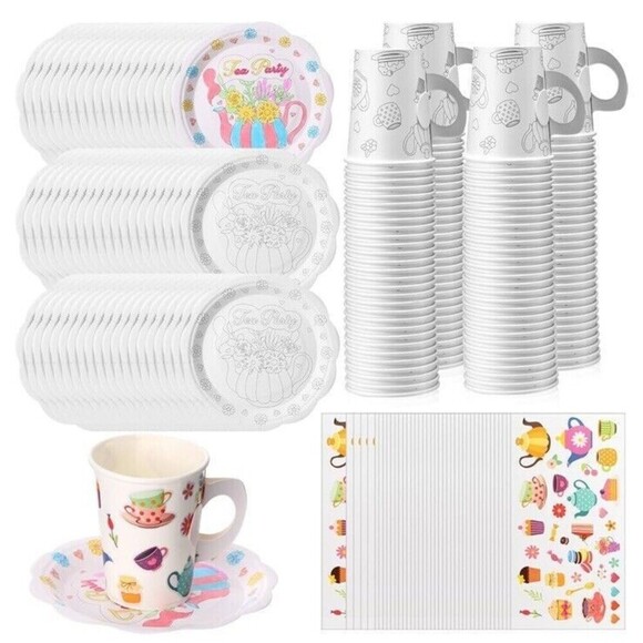 50 set Color Your Own Tea Party Cups Disposable Floral Tea Cups & plates party - Picture 1 of 11